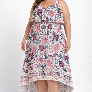 Light Pink Floral Boutique Dress 2X Ruffle Boho Summer
